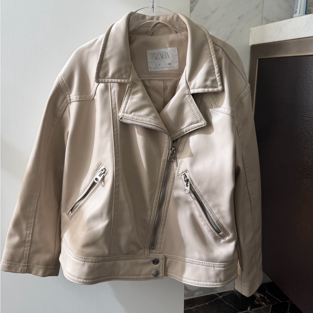 Zara Girls Cream Vegan Leather Jacket, size 7